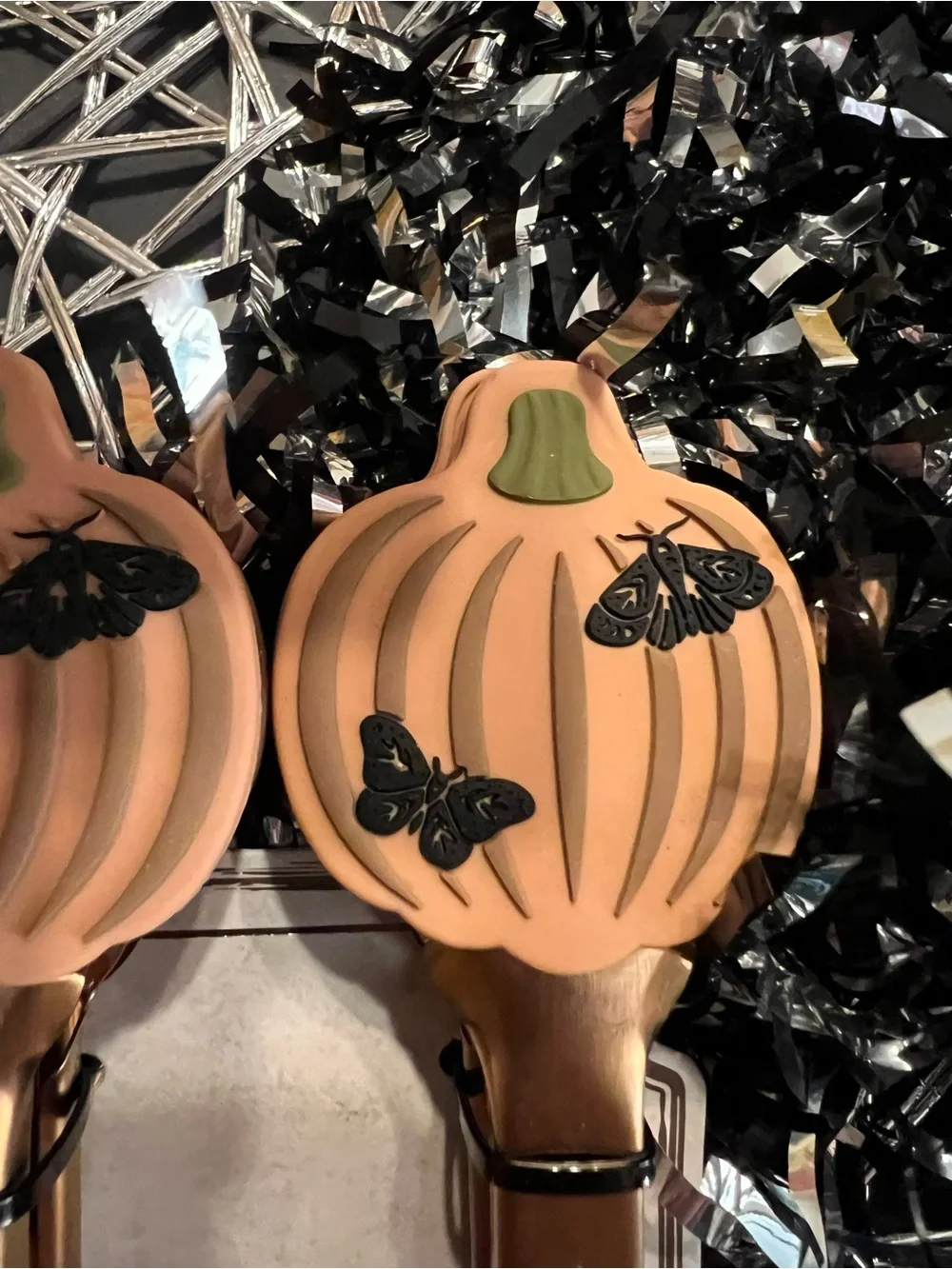 2 Silicone Harvest Pumpkins with Black Moths Tongs Halloween Bronze Metal Handle